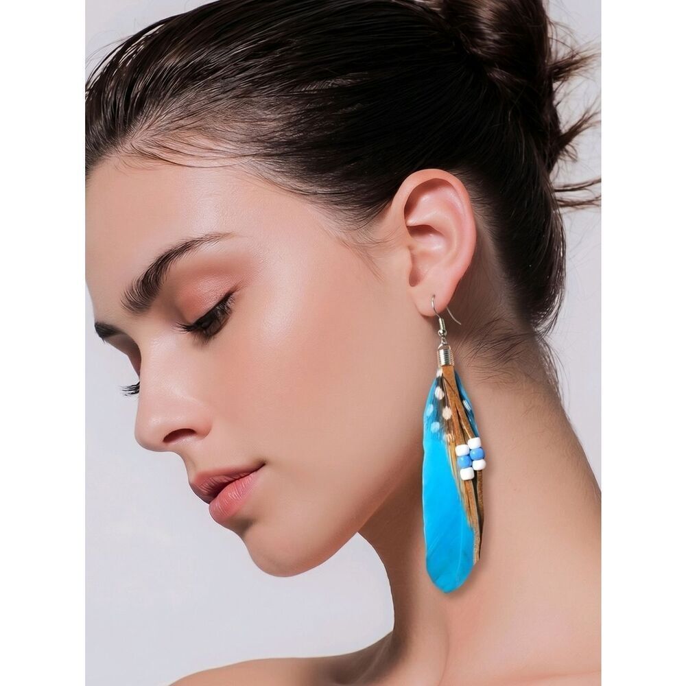 Blue Feather Fringe Dangle Earrings Faux Leather Tassel Boho Western NWT Gift